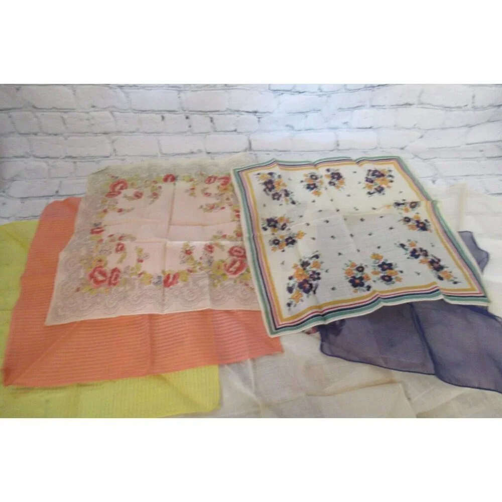 Vintage MCM Handkerchiefs Lot 10 Lace Embroidered Prints Solids Mix Some In Box
